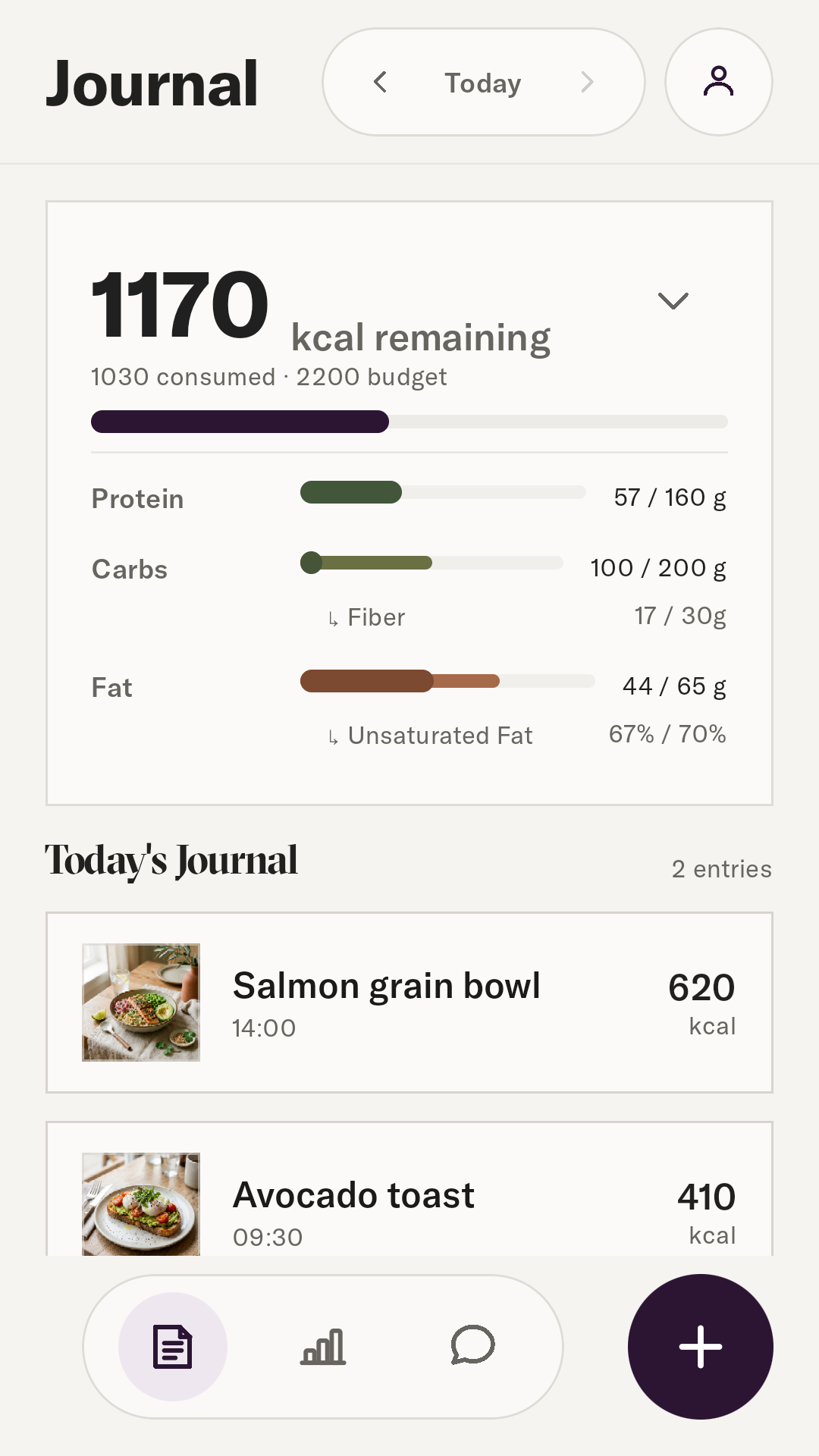 Mira’s English journal with example meals and daily nutrition totals.